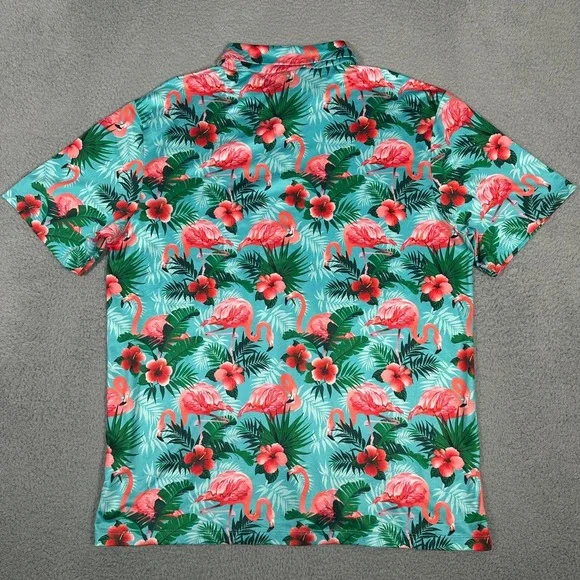 Yatta Golf Polo Shirt Mens XL Blue Green Flamingo Performance Tropical Hawaiian - Picture 7 of 8